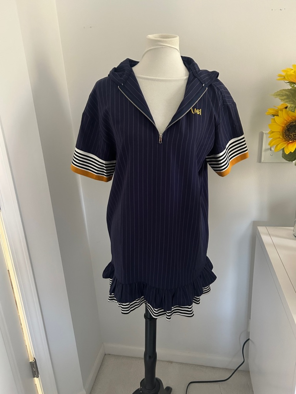Navy Pinstripe Short Sleeve Dress